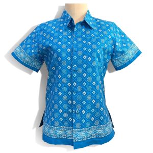 เสื้อเชิ้ต  ผู้หญิง ผ้าไทย ลายขอ ใส่ทำงาน ผ้าคอตตอล พิมพ์ลาย ไม่หด สีไม่ตก เข้ารูป สีฟ้า พี่พิมพ์ ผ้าไทย
