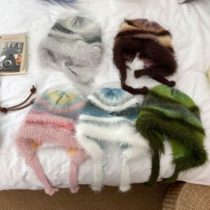 NEEUJ การออกแบบใหม่ หมวกเชือกรูดลายทาง ตุ๊กตาถักนิตติ้ง มือโครเชต์ กระเป๋าถือ Y2k แฟชั่นสำหรับผู้หญิง กระเป๋าเงินกระเป๋าสตางค์ หมวกบีนนี่สวมหัว สาวๆ