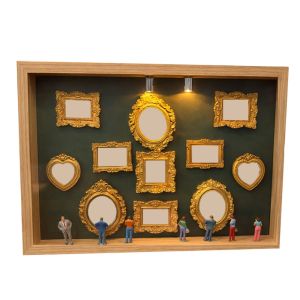 ALLLUCK LED Light DIY Mini Museum Silhouette Box Gold Frames 8 Mini Figurines Shadow Box Frame Creative Miniature Desk Photo Frame Memory Display Kit For Anniversary Gift