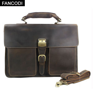 FANCODI Vintage Crazy Horse kulit tulen lelaki Briefcases beg perniagaan lelaki kulit Briefcase 15 "beg Laptop Tote Handbag besar Brown M042f