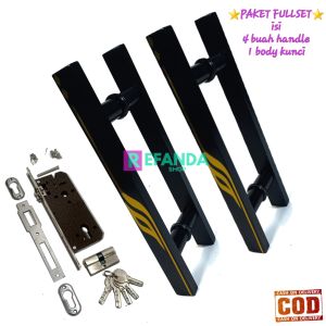 fullset lock body kunci dan 4 buah handle tarikan gagang pintu rumah model baut tembus untuk pintu depan kupu tarunng/daun pintu 2