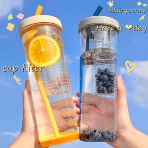 Straw Cup With Filter 700ml Portable Outdoor Lemon Fruit Tea Water Bottle Food Grade PC Drinking Bottle With Foldable Straw Portable Cups BPA Free Nordic Ins Style