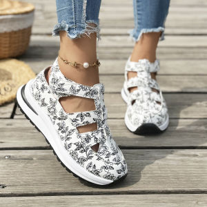 Large Size Thick-Soled Closed-Toe Beach Sports Sandals For Women New Model 25 Hollow Design With Velcro Straps Woven Single Shoes