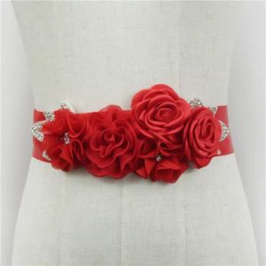 BOBOTYU Creative Womens Beaded Flower Belt Rhinestone Beaded 5 Flowers Bridal Rhinestone Belt Girl Silk Rose Floral Applique Sash Wedding Dress Ornaments