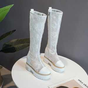 White embroidered mesh boots new spring/summer style with internal height increase thin over-the-knee long boots mesh breathable versatile for women