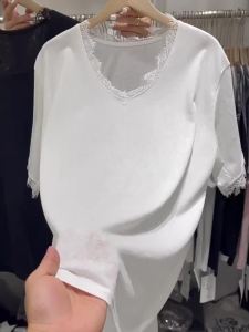 Snowflake cotton solid color V-neck lace flying sleeve T-shirt female summer solid color thin loose slim top female2026