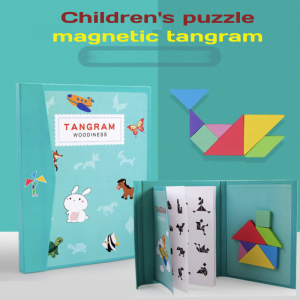 Montessori Early Educational Toy Wooden Blocks Book Set Magnetic Tangram Woodiness Puzzles Kids Toys Jigsaw Puzzle