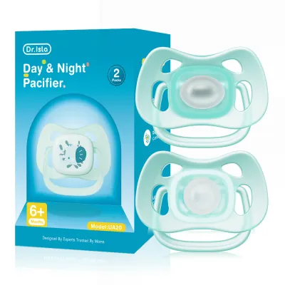 Dr. Isla Baby Silicone Pacifier Set with Anti Drop Chain Storage Box Daytime Nighttime Nipple For 6 months+ Newborn Teether Bite Toy Baby Anti-drop Chain Portable Nipple Box Silicone Teether Soother Flat Round Molar Stick Nipple UA20