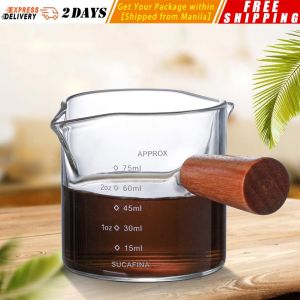 【70 Heat-resisting】 Glass Espresso Measuring Cup Double Mouth Glass Milk Jug with Wooden Handle Glass Scale Measure Mugs Ounce-Cup