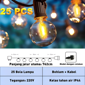 【Garansi 30 tahun】lampu led filamen G40 LED bulb edison cafe fitting lampu gantung outdoor E27 lampu hias lampu cafe wedding E12 7.6 meter 3200K dekorasi 3.05 meter 25 lampu 10 lampu tali tungsten lampu liburan tahan air luar ruangan bohlam