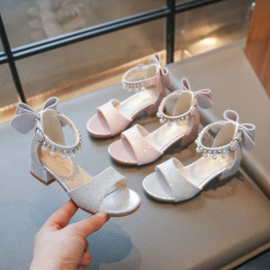 High Top Girl Sandals Glitter Cute Kids Back Bow-tie Shoes Beaded Chic Ankle Strape Non-slip Platform Children Flat Shoes J06162