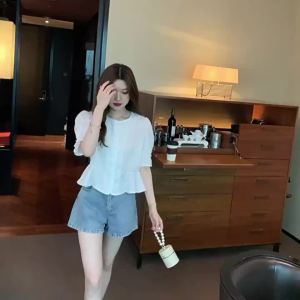 Ammin Áo sơ mi tay phồng thời trang vòng cổ đơn giản 2024 phong cách Hàn Quốc Áo Blouse thanh lịch tay ngắn họa tiết kẻ sọc cổ điển cạp màu trắng Pháp sang trọng mùa hè cho nữ