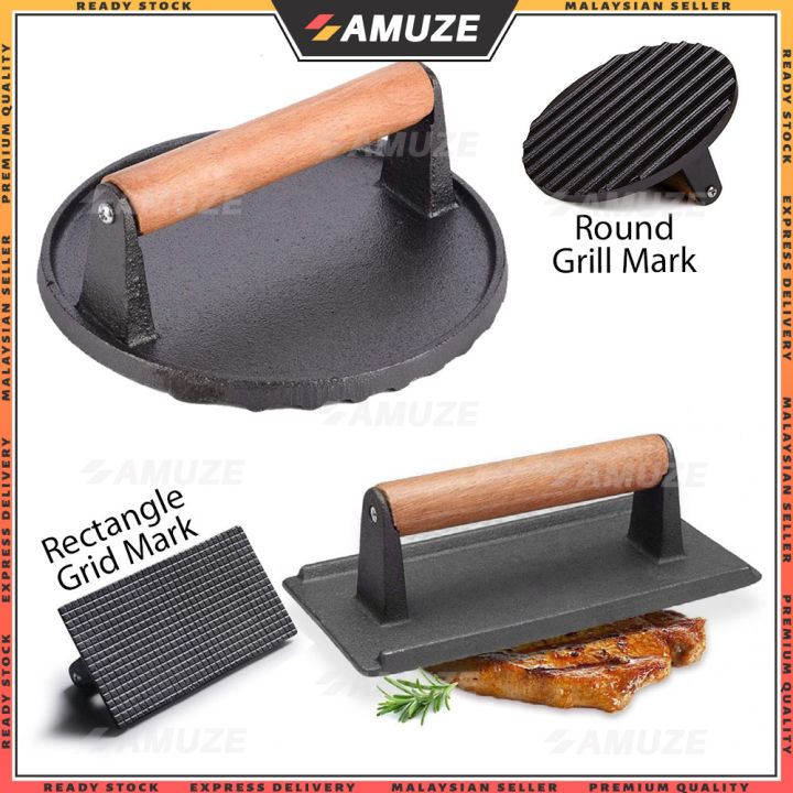 HaSteeL Cast Iron Grill Press, Heavy Duty 7In Bacon Burger Press With Wooden Handle, Pre-Seasoned Steak Press Great For Flat Top Griddle Teppanyaki BBQ Grilling Cooking Indoor & Outdoor-2PCS