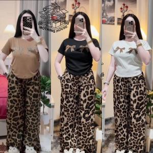 Casual Sets Terno for Women Korean Fashion Summer  Leopard Print Short Sleeve Wide Leg Pants Black/Brown/White