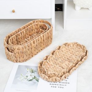 XANTHE Large Capacity Straw Woven Storage Basket Dustproof with Lid Water Hyacinth Basket Remote Control Box Decorative Cosmetic Storage Box for Home