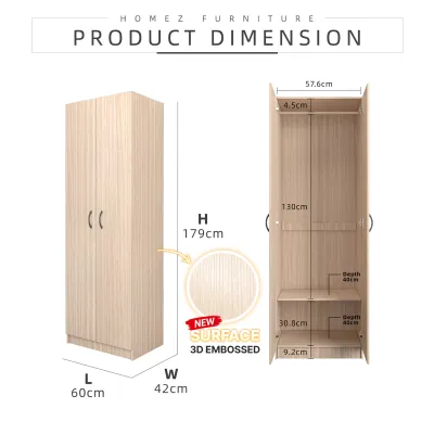 KitchenZ 2FT 2 Door Wardrobe with Hanging Rod Wooden Storage Cabinet | Bedroom Clothes Closet Organizer | Almari Pakaian Kayu Kabinet Baju Bilik Tidur Home Furniture - 6020S