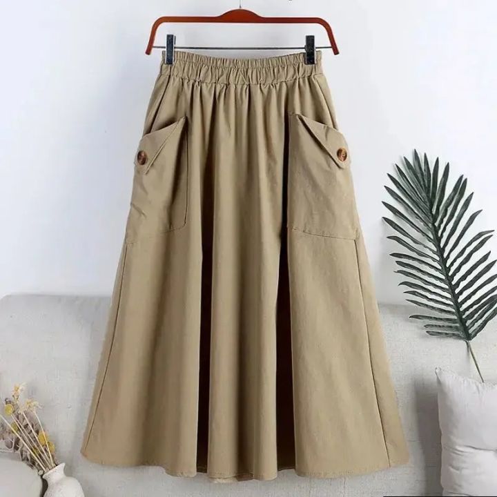 Women's A-line Skirts Pocket Button Summer Autumn Solid Ladies Clothing  Casual Large Elastic Waist Female Middle Length Skirt Lazada PH