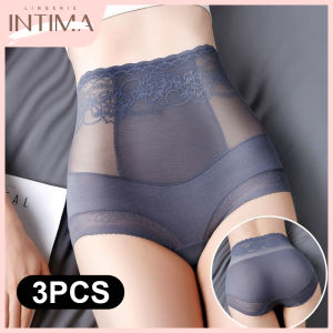 INTIMA กางเกงในผ้าไหมน้ำแข็ง3ชิ้นสำหรับผู้หญิงกางเกงในลูกไม้เอวสูง2ชั้นผ้าคอตตอนกางเกงไร้รอยต่อต้านเชื้อแบคทีเรีย