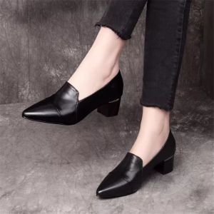 Free Shipping Comfortable Soft Leather Mid-Heel Loafers For Women New Style With A Chunky Heel And Pointed Toe Slip-On Design Suitable For Spring And Autumn WomenS Small Leather Shoes