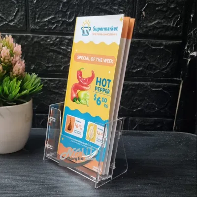 Tempat Brosur Akrilik / Display Brosur Acrylic / Rak Brosur Uk. 1/3 A4 Lipat Tiga Murah Knock Down