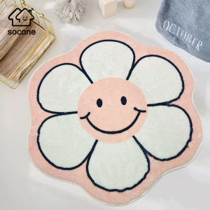 Socone Cute and Healing Smiley Flower Floor Mat | Cute Korean-Japanese Style | 60x60cm | 3 Colors (Blue Yellow Pink) | Soft & Non-slip