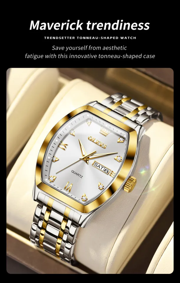 OLEVS Gold Men's Diamond Watch - Square Tonneau Stainless Steel Waterproof Luminous Dress Watch