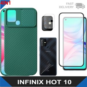 NEW!!! Case Infinix Hot 10 Paket 4in1 Softcase Slide Bergaris Free Tempered Glass LayarCamera Dan Skin Carbon
