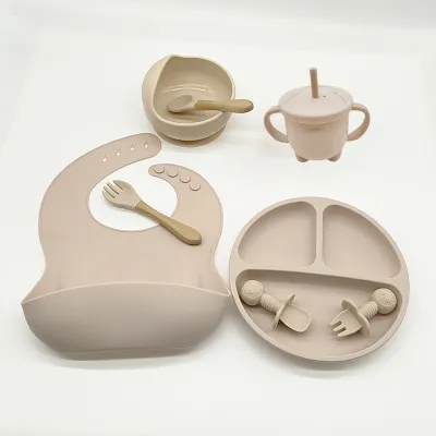Baby Feeding Set Toddler Tableware Set Silicone Baby Plate Set Complementary Food Eating Training Tableware Infant Silicon Bib Suction Bowl(8pcs/set)
