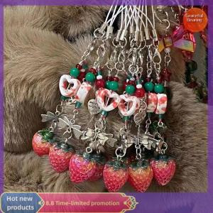 Graceful Unique Sweet Strawberry Phone Charms Pendant Cute Bow Heart Beaded Keychain Camera Schoolbag Decoration Accessories Gifts