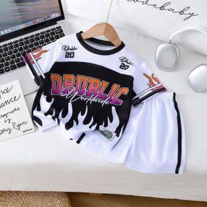 AILEBE Kids Sets Letter Splicing Short Sleeve Top Shorts Set Lightweight Breathable Summer Street Style Loose Comfy Fit With Elastic Waist Fade-Resistant Easy Care Pambahay OOTD For Baby Boys Girls 0-10 Years