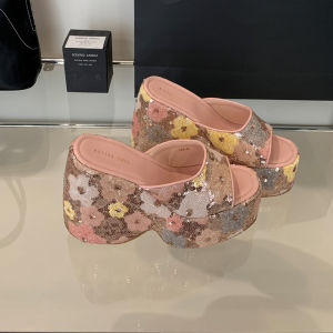 Women Super High Heel Slippers Platform Flower Sequin Shiny Wedge Non-Slip Comfortable Round Open Toe Slides Sandal Summer Mules
