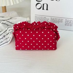 SPARAK Polka Dot Cosmetic Bag Ruffle Edge Decor Portable Makeup Pouch Vintage Minimalist Design Stationery Bag For Women