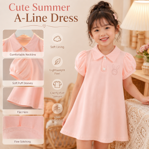 AILEBE Kids Dresses Korean A-Line Short Sleeve Summer Dress Cute Everyday Wear With Fabric Lining Lightweight Comfy OOTD Pambahay For Baby Girls 0-13 Years
