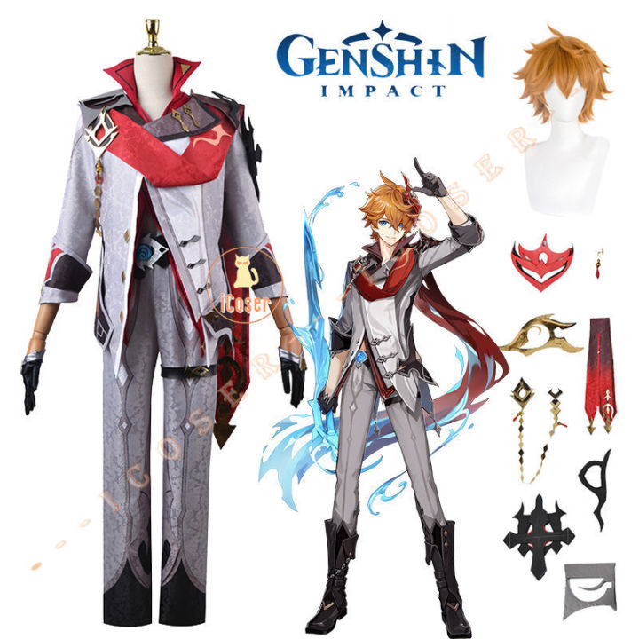 Genshin Impact Tartaglia Childe Cosplay Costume Wig Grey Jacket Outfit ...