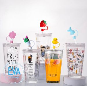 Ly Cốc Thuỷ Tinh Chia Vạch Hoạt Hình 450 Ml Kèm Ống Hút Nắp Silicone 3D Hoạt Hình Ngỗ Nghĩnh SP4728