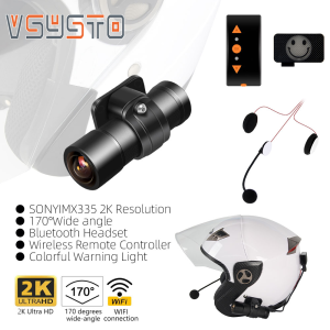 VSYSTO Helmet Dash Cam 2K 170 Degrees Helmet Camera with Bluetooth Headset and Colorful Warning Light Wireless Remote Controller WiFi Waterproof