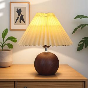 LED Bedside Table Lamp Cute Small Pleated Lamps for Nightstand Circular Walnut Ambient Light USB Bedroom Decoration Night Light