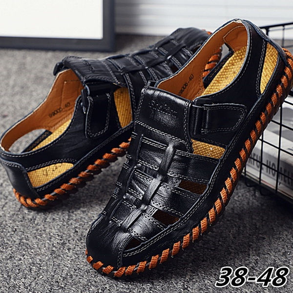 Men s Genuine Leather Fisherman Sandals Mens Brown Black Yellow Handmade Breathable Slip on Sandals with Adjustable Hook and Loop Size 38 48 Lazada PH