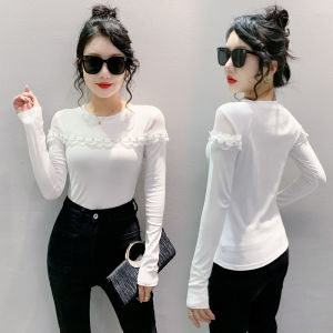 YIMEI เสื้อสวมหัวสีดำมีหูทำจากไม้ติดเพชรใส่ได้ทุกฤดูใบไม้ร่วงเสื้อยืดสตรีรุ่นพอดีตัวเกาหลีสุดๆผ้าคอตตอน