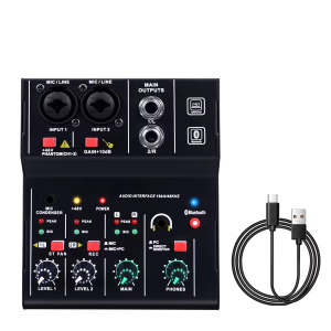 มิกเซอร์ 2 ทาง บลูทูธ ออดิโอ อินเตอร์เฟสและมิกเซอร์ มิกเซอร์ 5V การ์ดเสียงภายนอก สามารถเชื่อมต่อกับคอมพิวเตอร์เพื่อบันทึกเสียงเพลงโดยไม่ต้องใช้ไดรเวอร์ 16BIT/48KHZ 48V