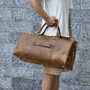 NUPUGOO Retro Mens Hand Luggage Bag Travel Bag Geunine Leather Large Capacity Single Shoulder Messenger For 15 Inch Laptop