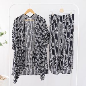 ONE SET BATIK WANITA MODERN SETELAN CELANA PANJANG BATIK SET BATIK KULOT BATIK LEBARAN BATIK KONDANGAN - HITAM PUTIH BERLENGAN