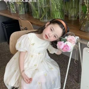 ชุดเดรสแขนพองสำหรับเด็กผู้หญิงชุดเดรสแขนพองชุดผ้าฝ้ายชุดเจ้าหญิงฤดูร้อนใหม่