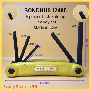 [Ready Stock] BONDHUS 3/16"  7/32"  1/4"  5/16"  3/8". Model no #12485. 5 pieces Inch Folding Hex Key set. Made in USA
