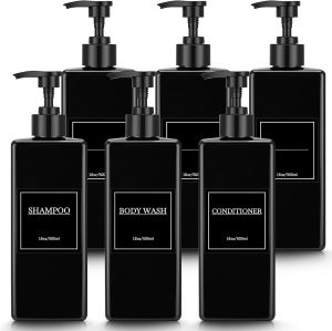 Tanlade 6 Pcs Shampoo and Conditioner Dispenser Bottles 16oz Modern Shower Soap Bottles with Pump Labels and Marker Pen Easy to Refill Body Wash Dispensers for Home Bathroom Decoration (Black)
