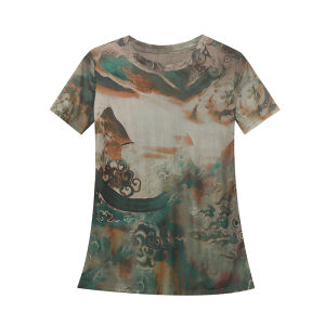 REHIN Womens top REHIN Womens top Summer new fashion mesh position printing short-sleeved T-shirt round-neck slim and thin S-3XL elegant blouse
