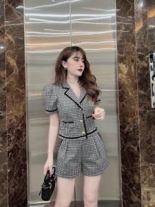 Sét bộ thời trang nữ mặc đi chơi chất bố dạ y mẫu cổ vets phối viền đen mix quần đùi có túi 2 màu đen và nâu