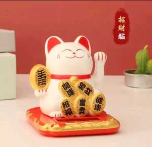 Solar Kucing Hoki Lucky Cat Waving Arm Set Vivid dan Lovely Cat Solar Fortune Cat Statue Decoration untuk Dekorasi Meja Depan Mobil