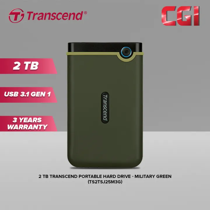Transcend StoreJet 25M3 Slim 2TB 2.5 Portable HDD - Military Green (TS2TSJ25M3G) External Hard Disk