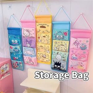 Cute Sanrio Wall Storage Bags Wall Hanging 4 Pockets Cute Cinnamoroll Kuromi Kitty Wall Mounted Storage Bag Organizer Kawaii Cartoon Hanging Bag Door